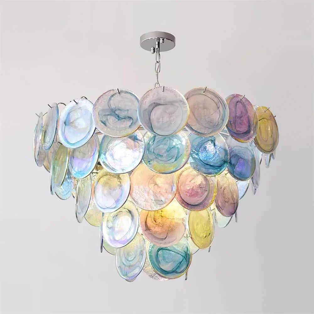 Illuminated Modern Multi-Color Gradient Disc Art Glass Chandelier Studio Shot