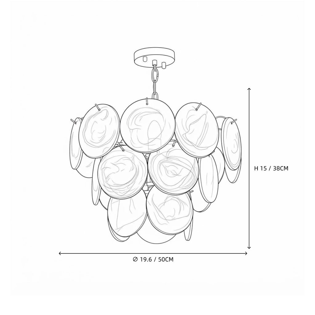 Modern Small Multi-Color Gradient Disc Chandelier Line Art Dimension Diagram