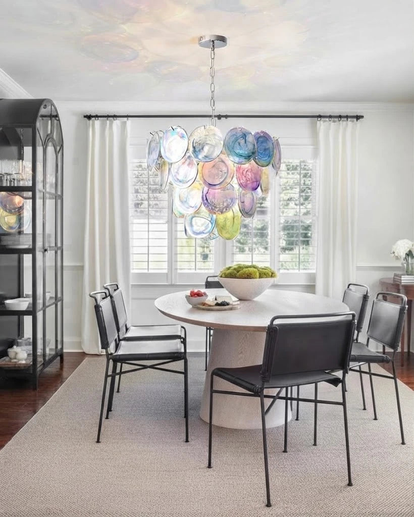 Modern Multi-Color Disc Chandelier Over Round Dining Table