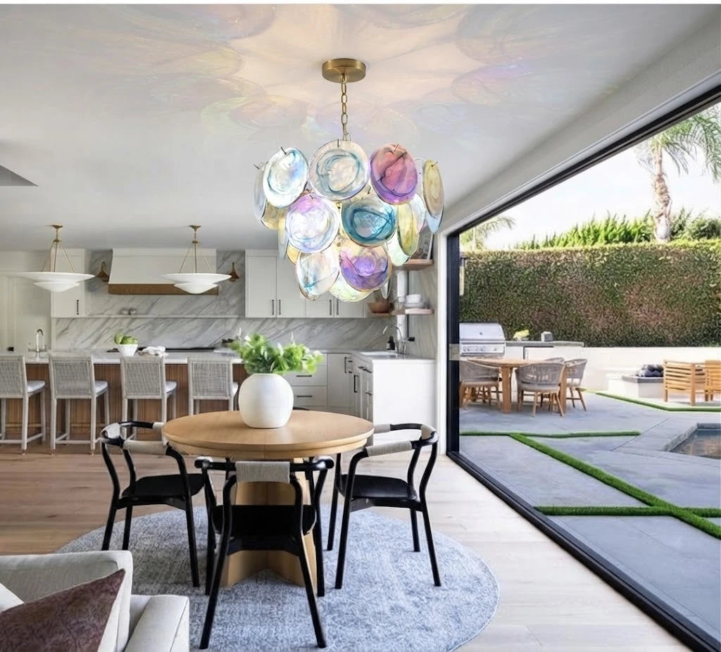 Modern Gradient Disc Art Glass Chandelier Over Kitchen Dining Area