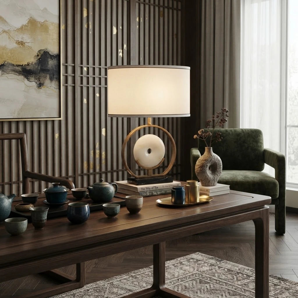 Modern Alabaster Disc Table Lamp with Brass Ring in Elegant Living Space