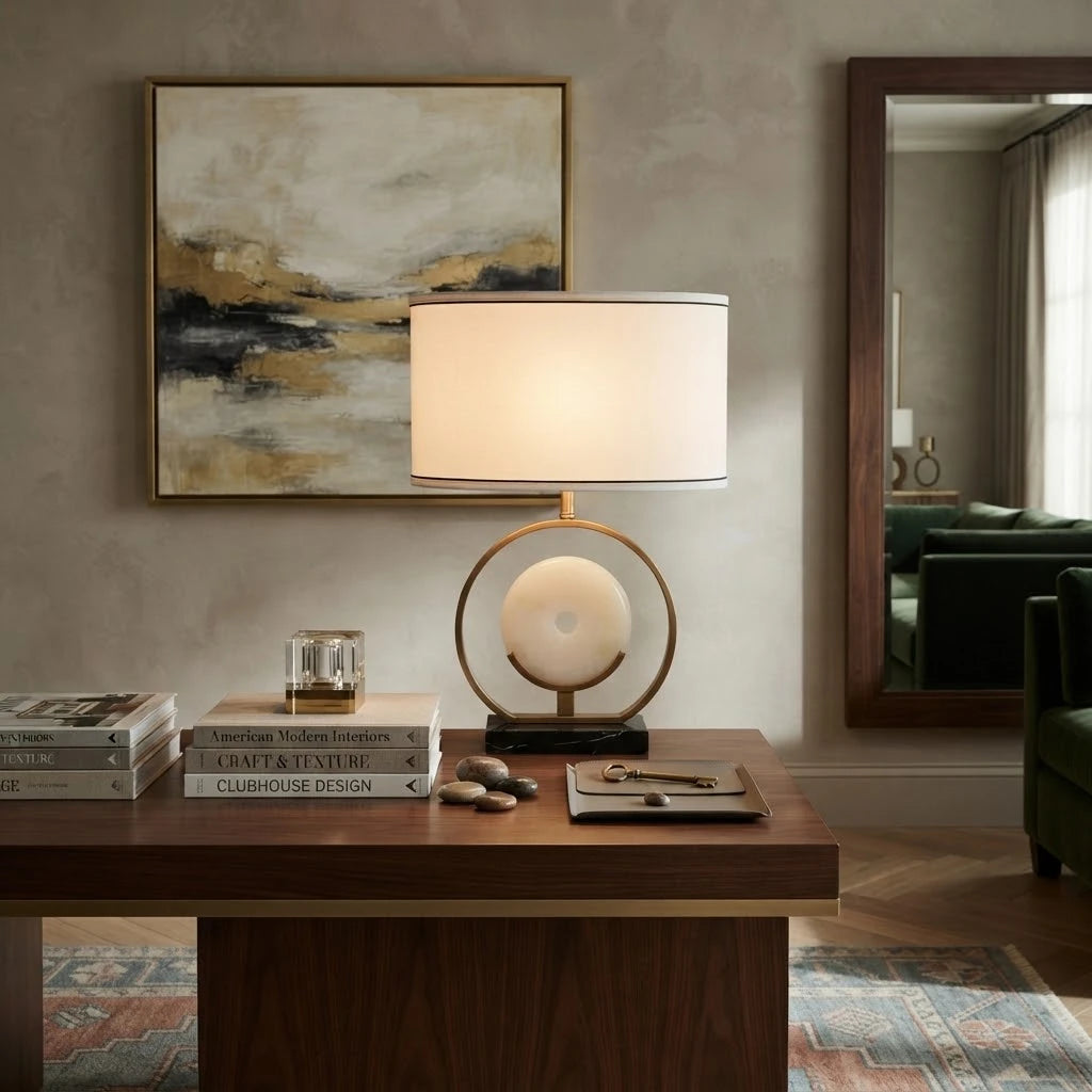 Modern Brass Ring and Alabaster Disc Table Lamp in Home Office Workspace