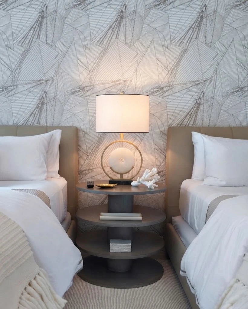 Modern Brass Ring and Alabaster Disc Table Lamp in Twin Bedroom Interior