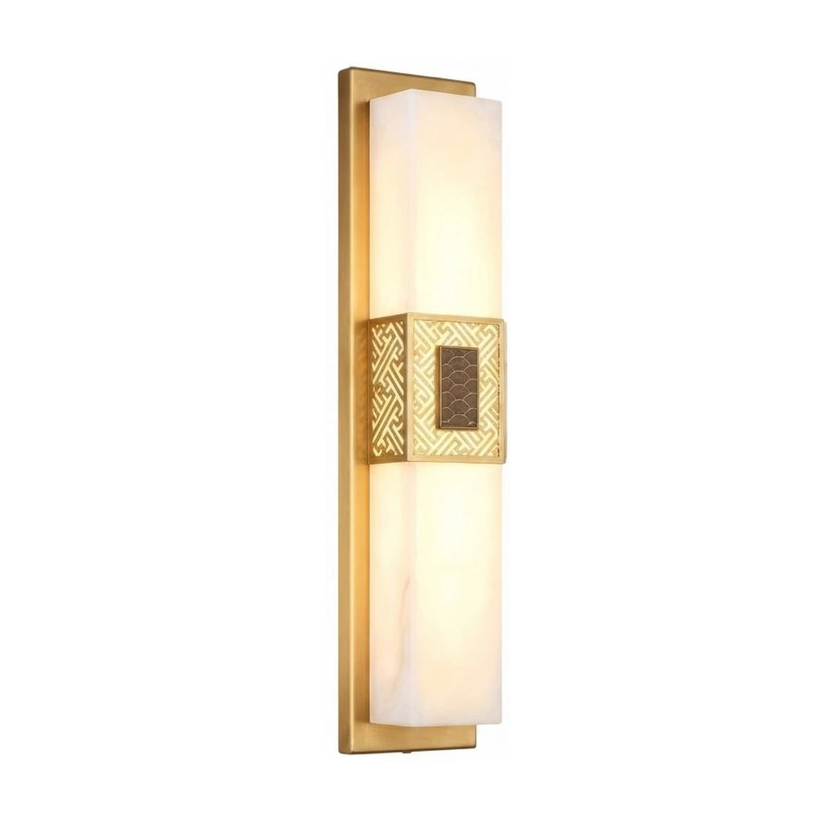Modern Brass Band and Alabaster Wall Sconce with Rectangular Marble Shade and Center Etched Pattern on Pure White Background