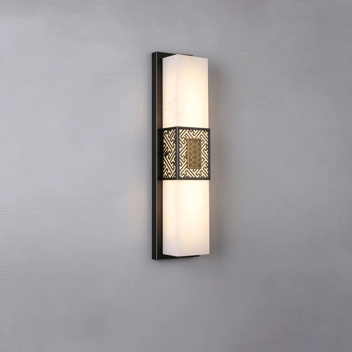 Illuminated Modern Brass Band Alabaster Wall Sconce Studio Shot on Grey Background