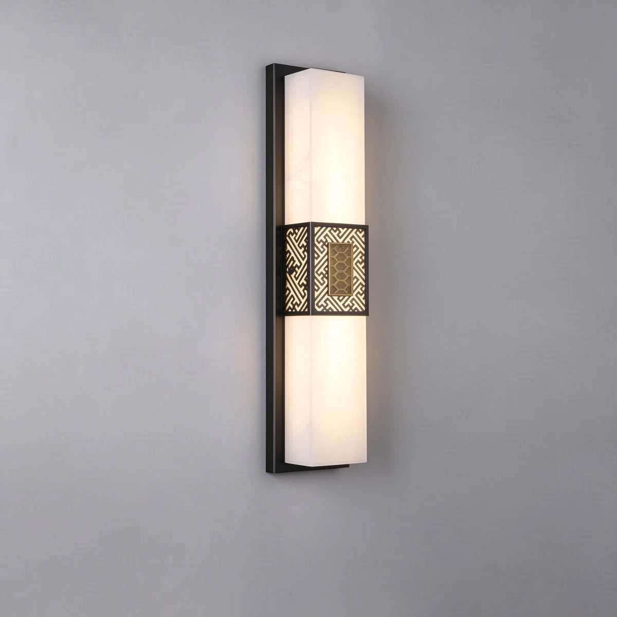 Modern Brass Band Alabaster Wall Sconce Off State Studio Display on Grey Background