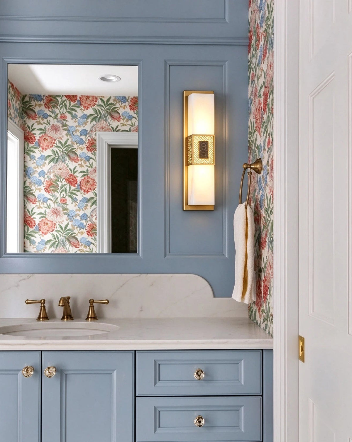 Modern Brass Band Alabaster Wall Sconce in Luxury Bathroom Vanity Area