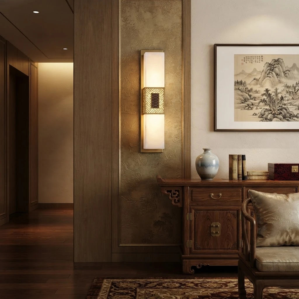Modern Alabaster Wall Sconce in Contemporary Hallway Space