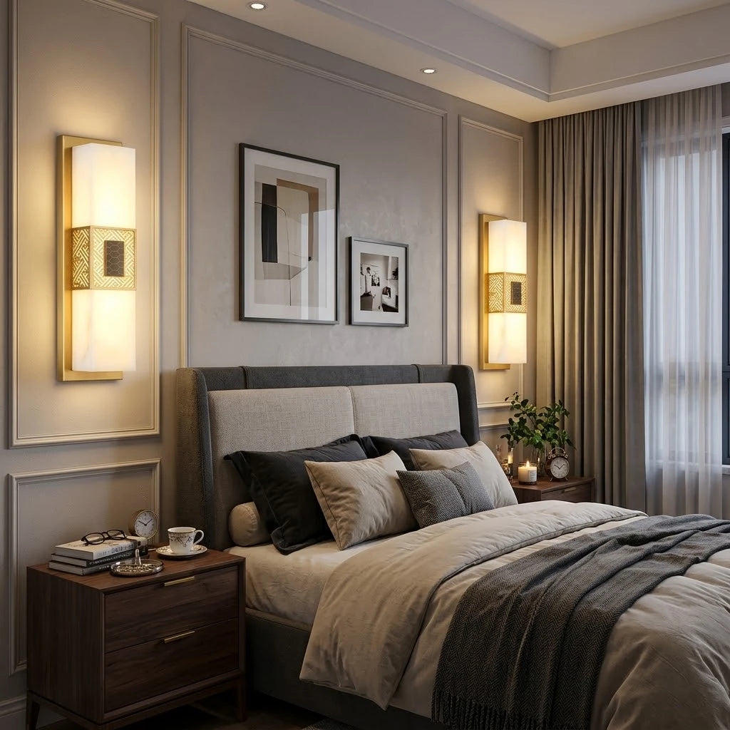 Modern Brass Band Alabaster Wall Sconce in Master Bedroom Suite