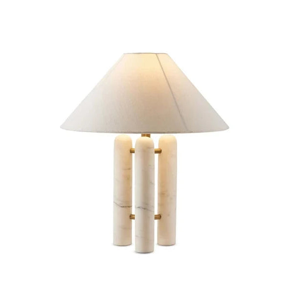 Modern Three-Column Marble Table Lamp with Cone Fabric Shade and Brass Accents on Pure White Background
