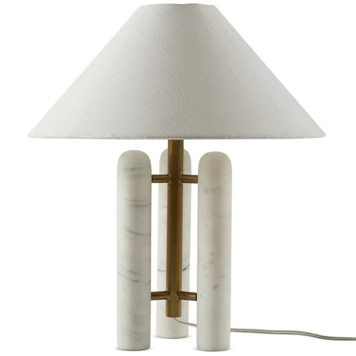 Illuminated Modern Three-Column Marble Table Lamp with Fabric Shade Studio Shot