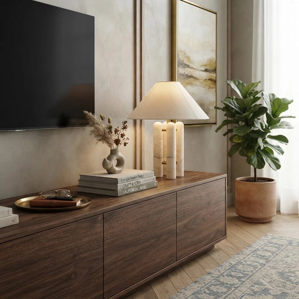 Modern Marble Table Lamp with Fabric Shade in Contemporary Living Space