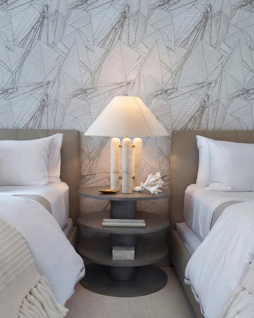 Modern Three-Column Marble Table Lamp in Twin Bedroom Interior