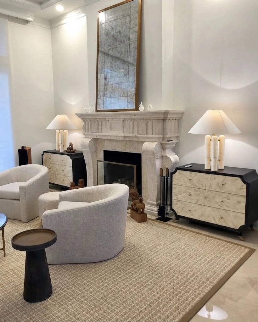 Modern Marble Table Lamp with Fabric Shade in Luxury Living Room