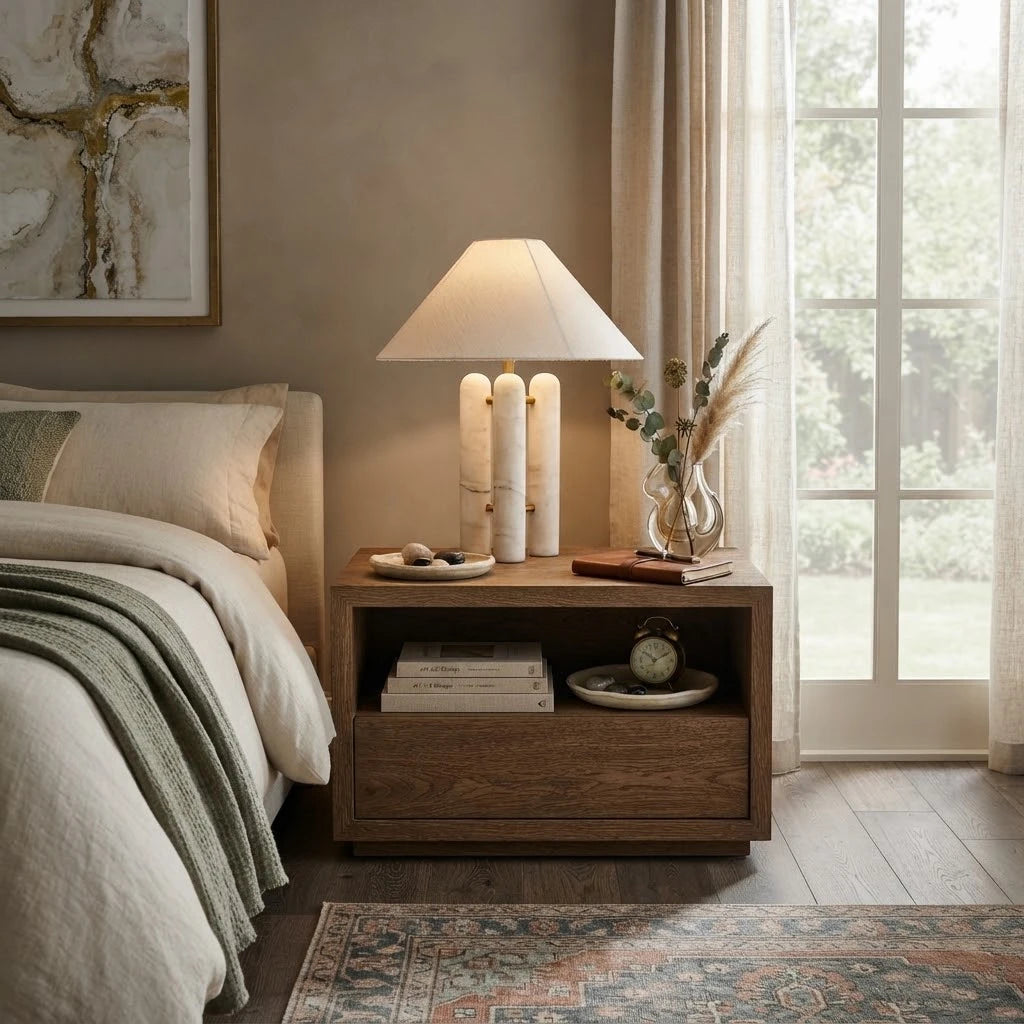 Modern Three-Column Marble Table Lamp in Elegant Bedroom Setting