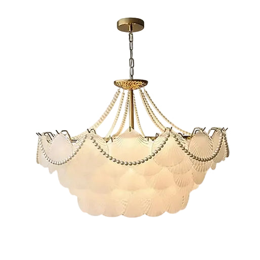 Modern Brass and Beaded Shell Art Glass Chandelier with Gold Canopy and Chain on Pure White Background