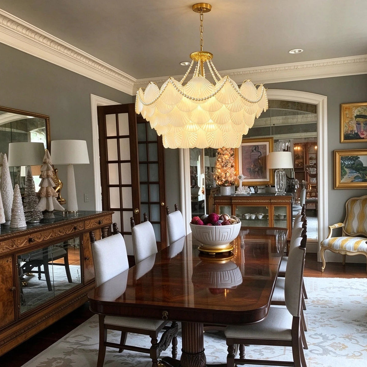 Modern Beaded Shell Art Glass Chandelier in Classic Dining Setting