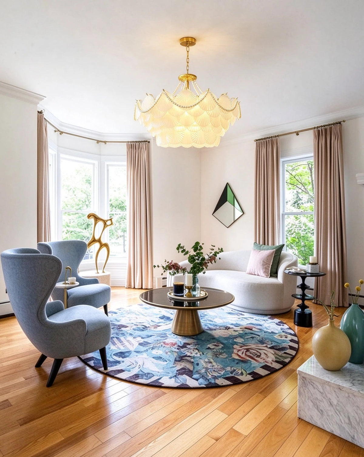 Modern Brass Beaded Shell Chandelier in Sunroom Setting