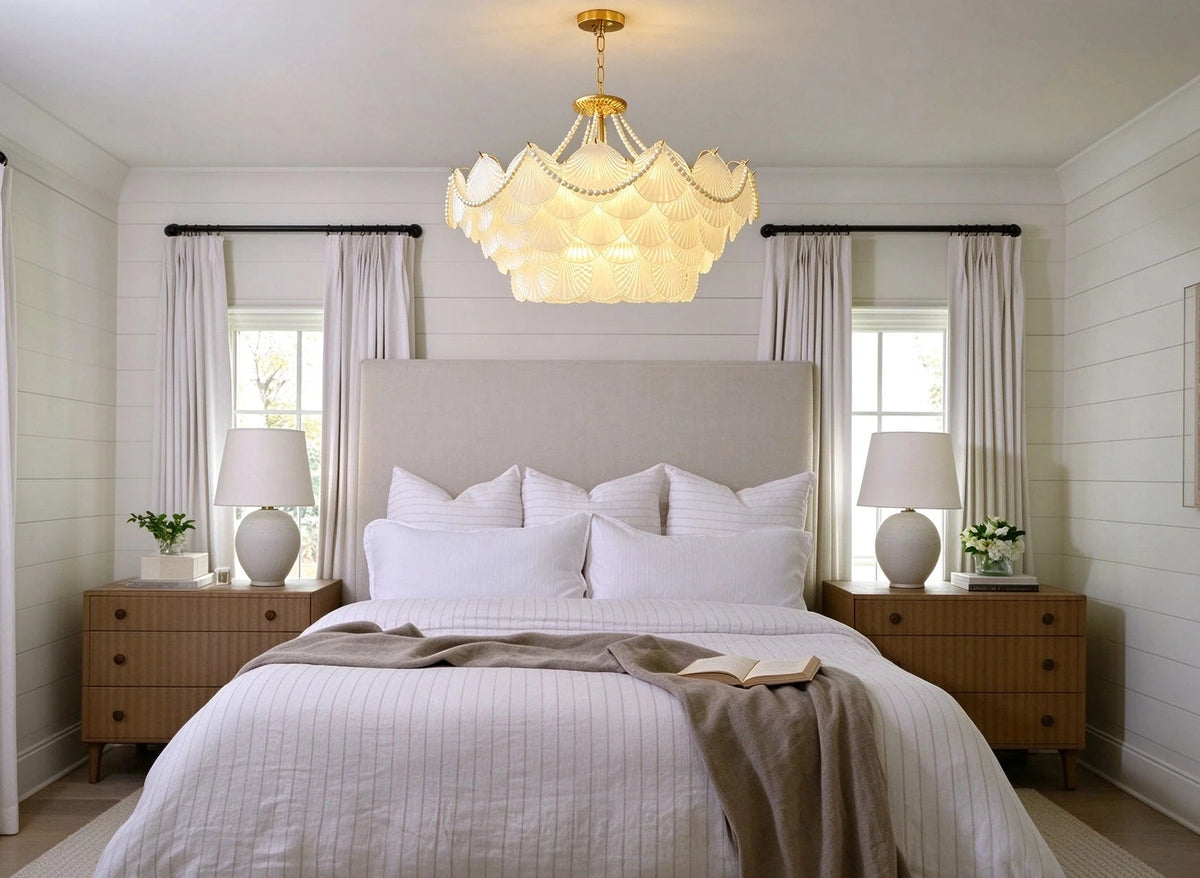 Modern Beaded Shell Art Glass Chandelier in Master Bedroom Interior