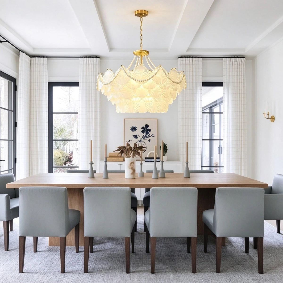 Modern Brass Beaded Shell Chandelier in Formal Dining Room