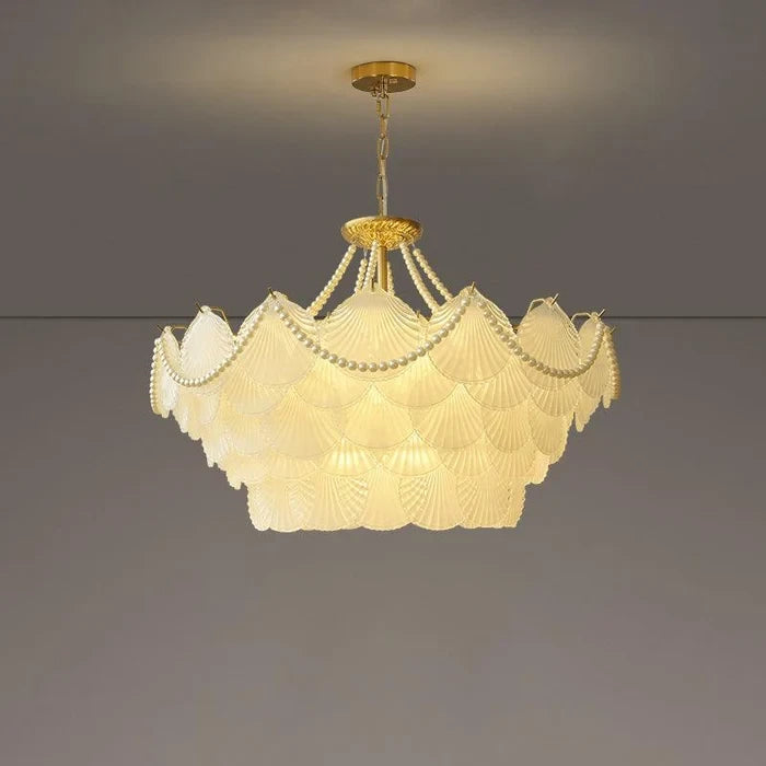 Illuminated Modern Beaded Shell Art Glass Chandelier Bottom View Display
