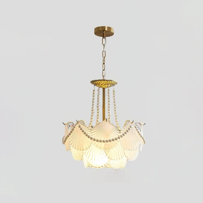 Illuminated Modern Brass Beaded Shell Art Glass Chandelier Studio Shot on Pure White Background