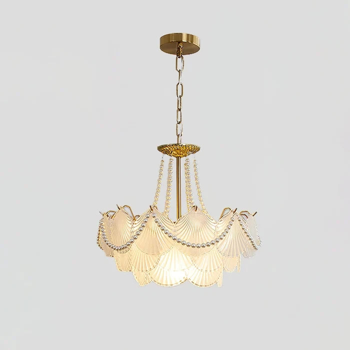 Illuminated Modern Beaded Shell Art Glass Chandelier Studio Display