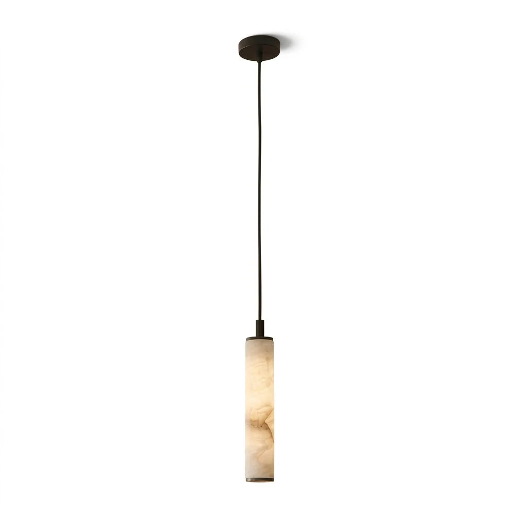 Modern Cylindrical Alabaster Art Glass Pendant Light with Black Canopy on Pure White Background