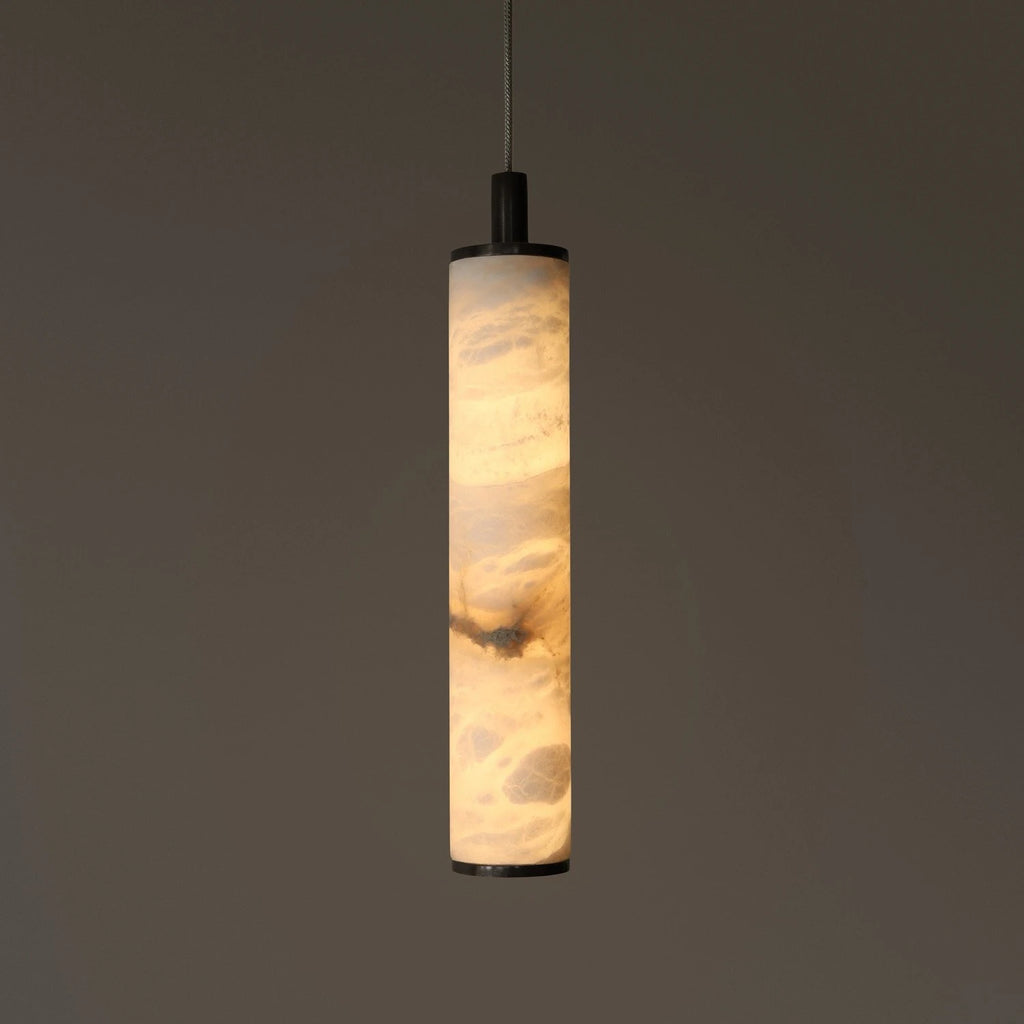 Illuminated Modern Cylindrical Alabaster Art Glass Pendant Light in Dark Studio