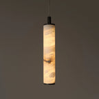 Illuminated Modern Cylindrical Alabaster Art Glass Pendant Light in Dark Studio