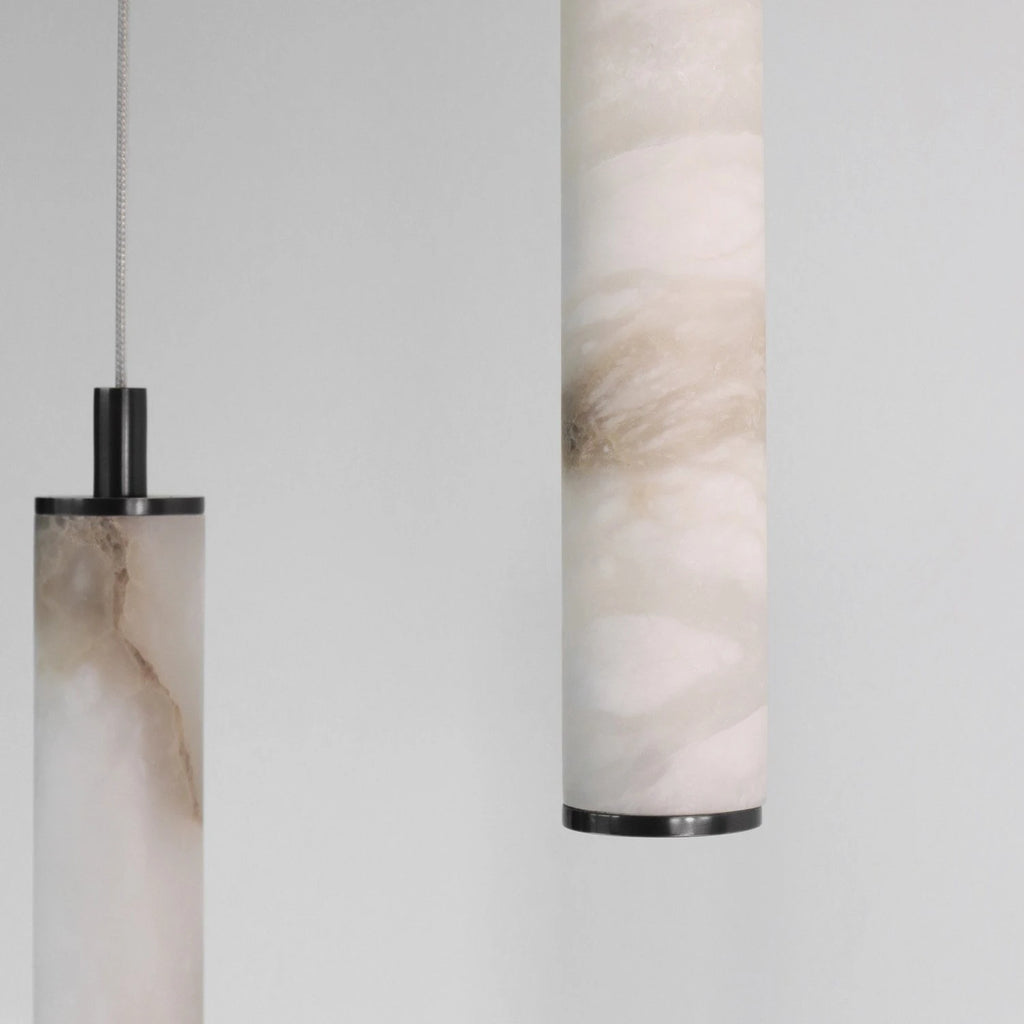 Close Up View of Illuminated Alabaster Cylinder Shades Bottom