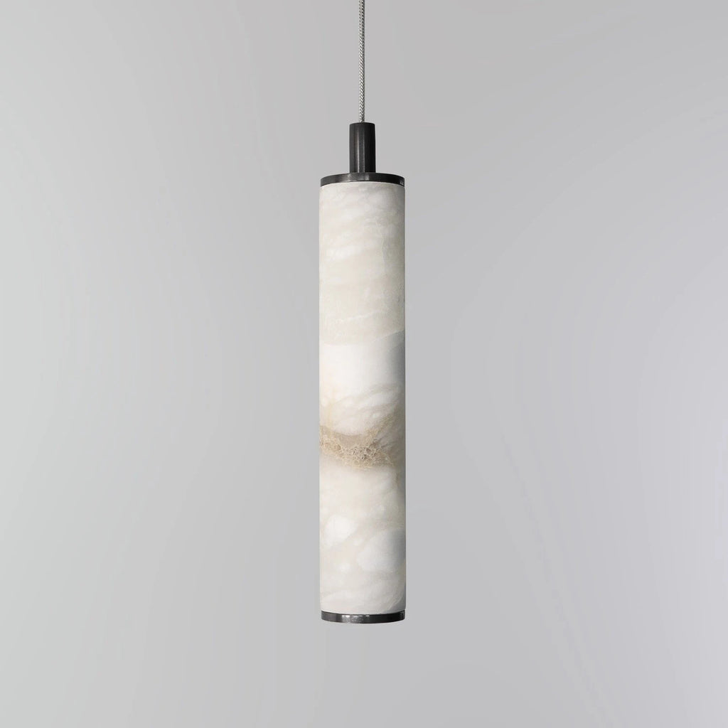 Illuminated Modern Cylindrical Alabaster Pendant Light with Black Hardware