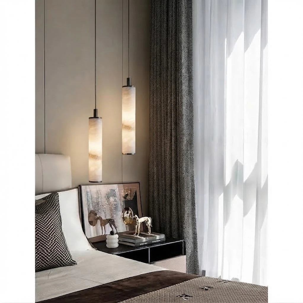 Modern Cylindrical Alabaster Pendant Light Over Bedroom Nightstand