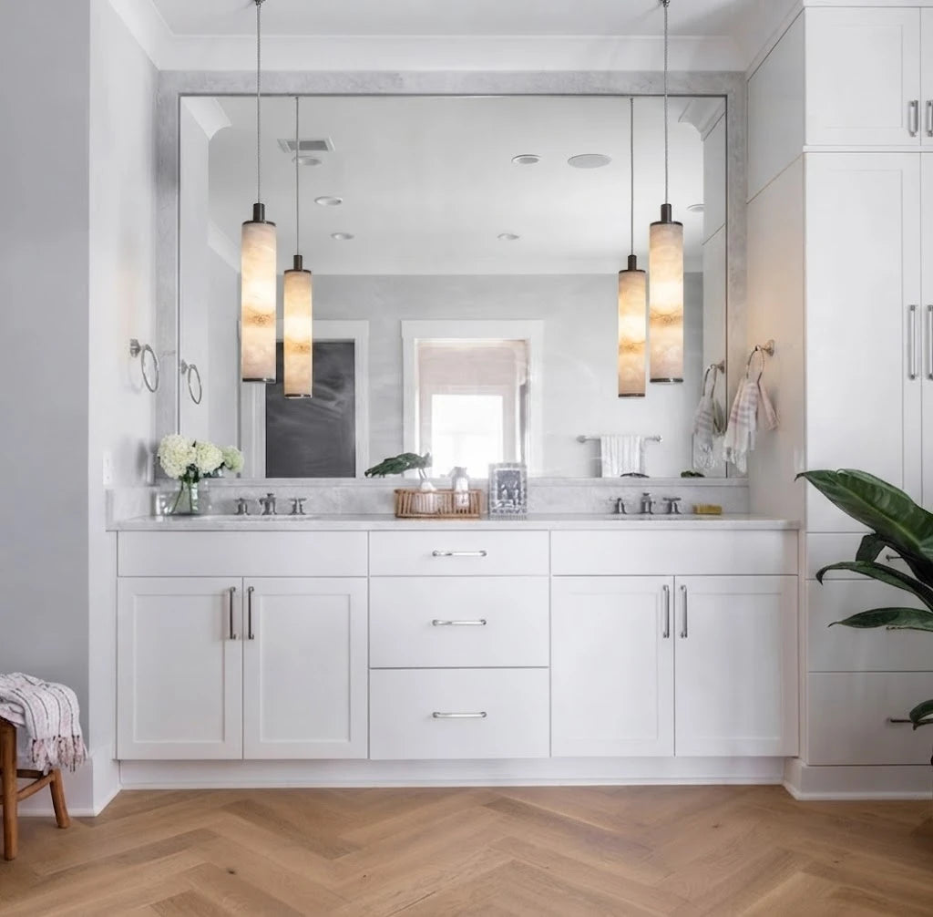 Modern Alabaster Art Glass Pendant Lights in Bathroom Vanity Setting