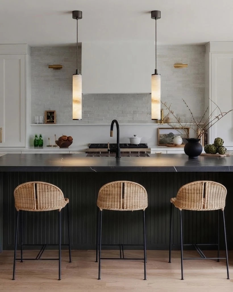 Modern Cylindrical Alabaster Pendant Lights Over Kitchen Island