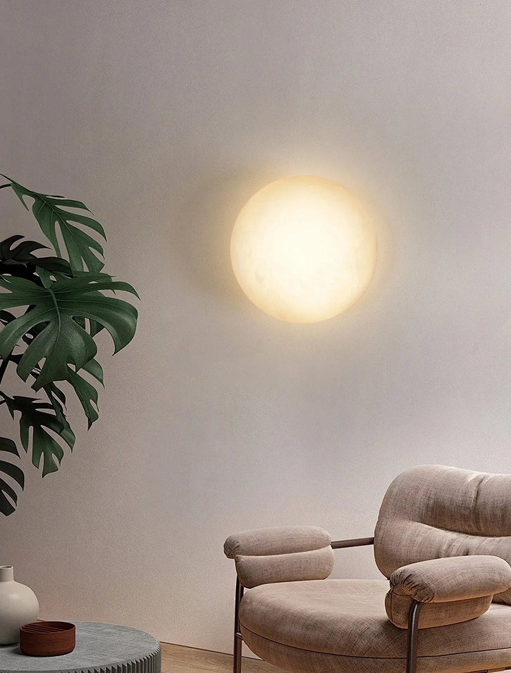 Modern Oval Alabaster Wall Sconce in Living Room Setting