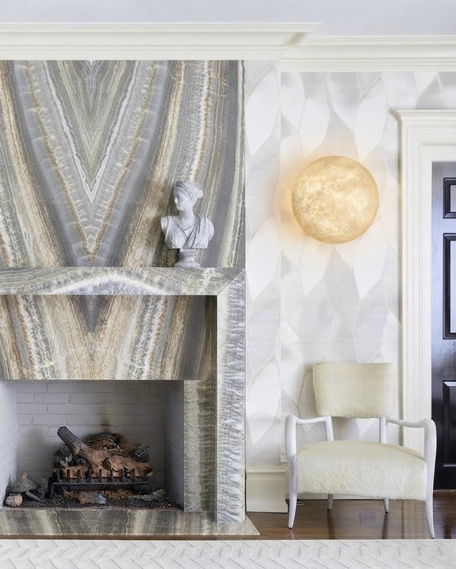 Modern Art Glass Wall Sconce Over Fireplace Setting