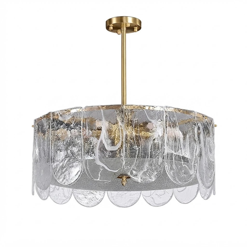 Modern Brass and Crystal Wave Disc Art Glass Chandelier with Gold Canopy on Pure White Background