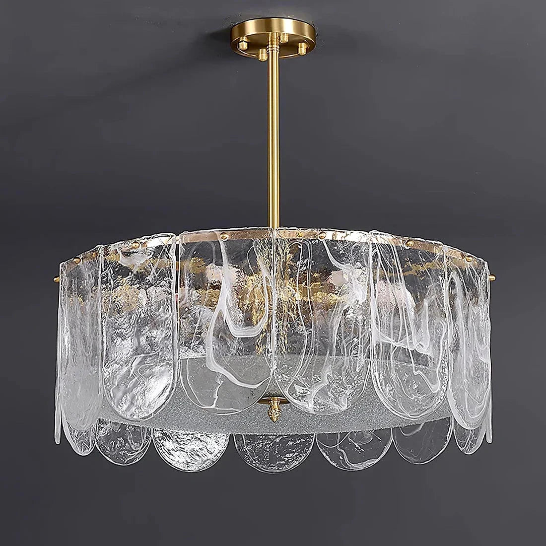 Illuminated Modern Crystal Wave Disc Art Glass Chandelier Studio Display on Black Background