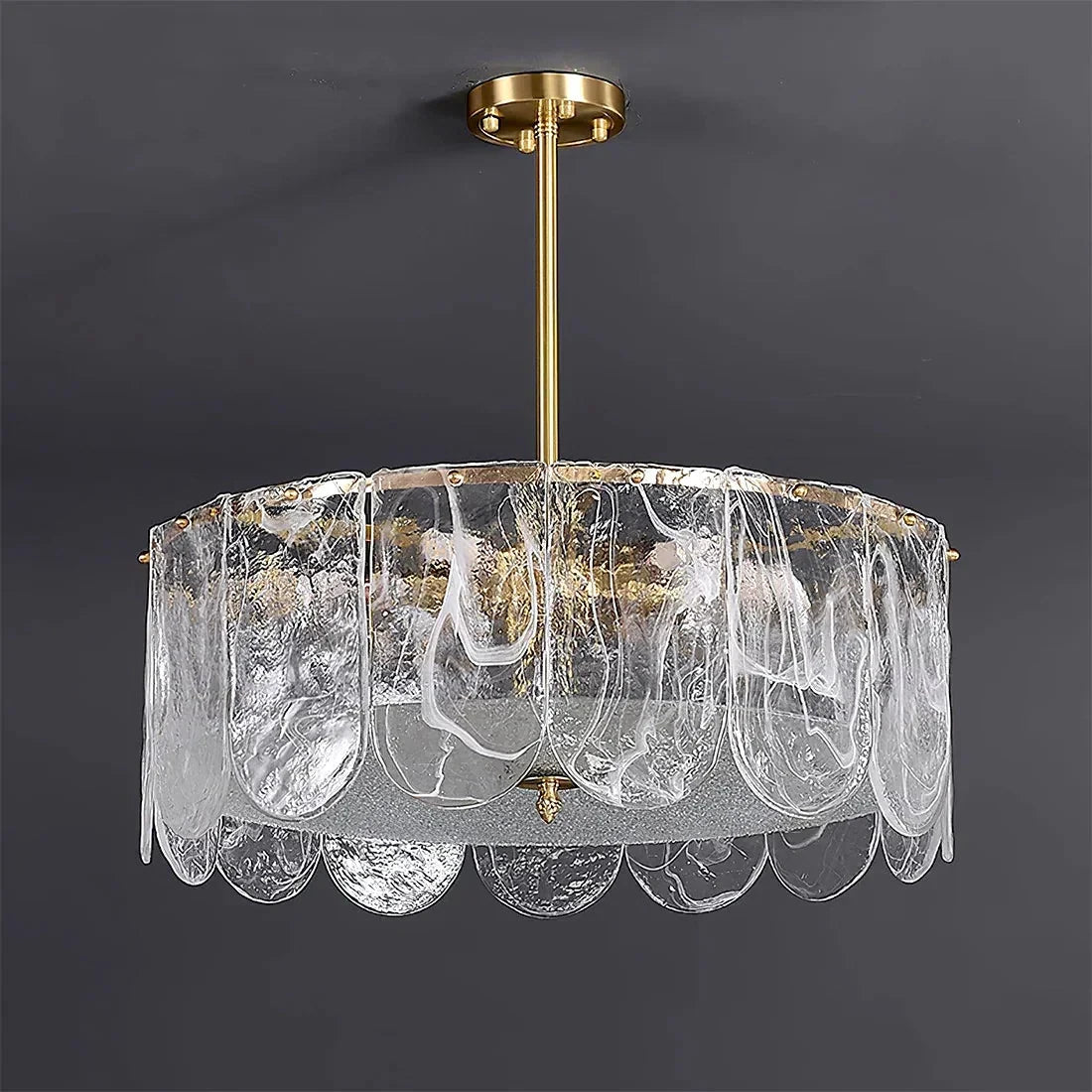 Illuminated Modern Brass Crystal Wave Disc Art Glass Chandelier Studio Shot on Dark Background