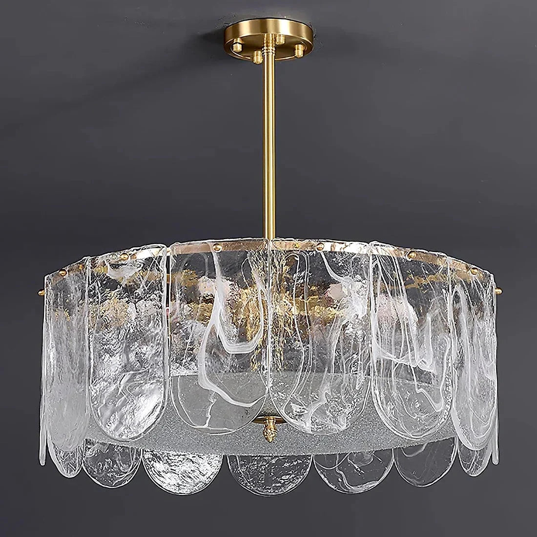 Illuminated Modern Brass Crystal Wave Disc Art Glass Chandelier Studio Shot
