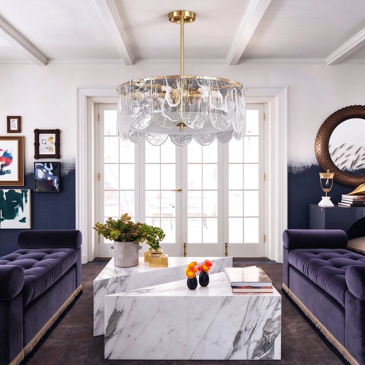 Modern Crystal Wave Disc Art Glass Chandelier in Elegant Living Room