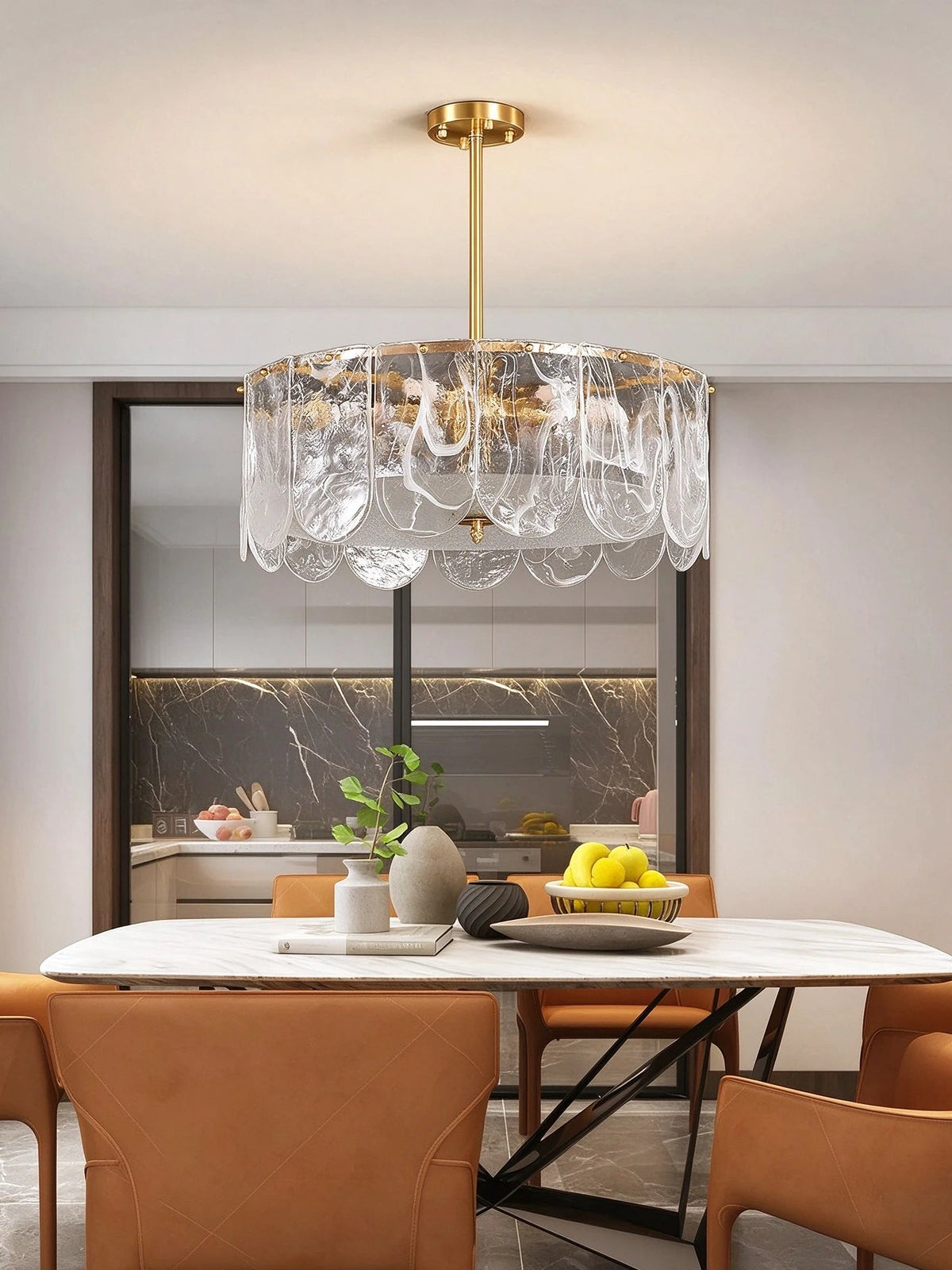 Modern Brass Crystal Wave Disc Chandelier Over Round Dining Table