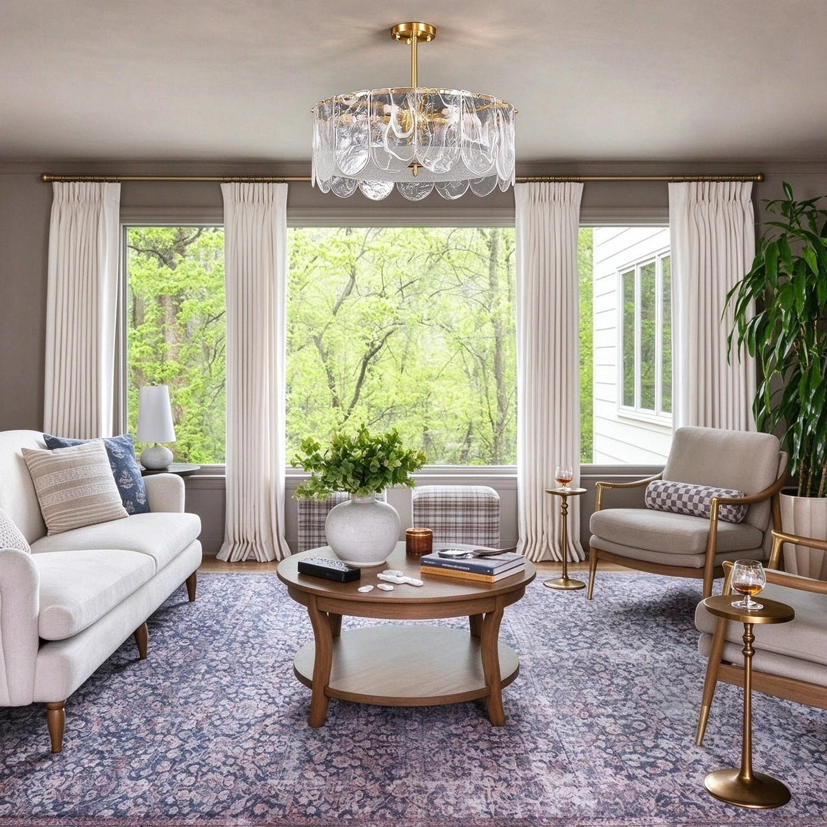 Modern Brass Crystal Wave Disc Chandelier in Sunroom Setting