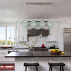 Modern Silver Pink Hydrangea Petal Linear Chandelier Over Kitchen Island