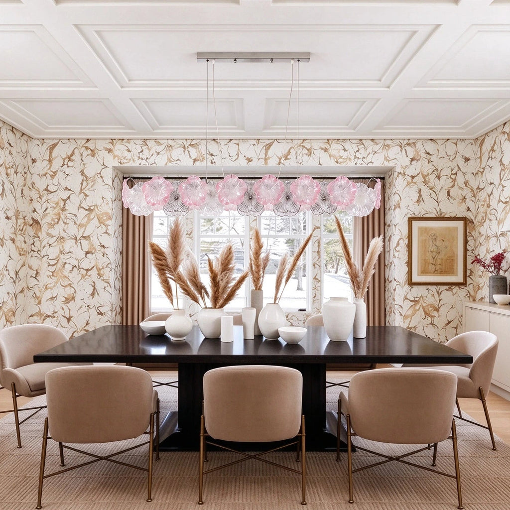 Modern Pink Hydrangea Petal Art Glass Linear Chandelier in Elegant Dining Setting