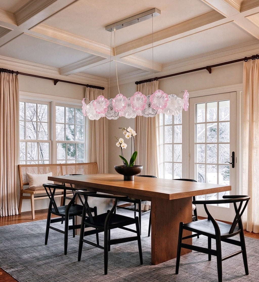 Modern Silver Pink Hydrangea Petal Linear Chandelier in Cozy Dining Space