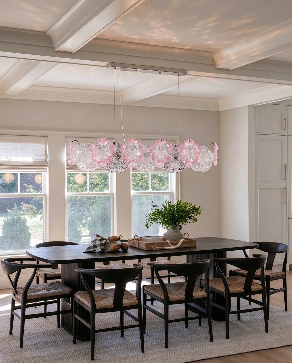 Modern Pink Hydrangea Petal Art Glass Linear Chandelier in Bright Dining Room