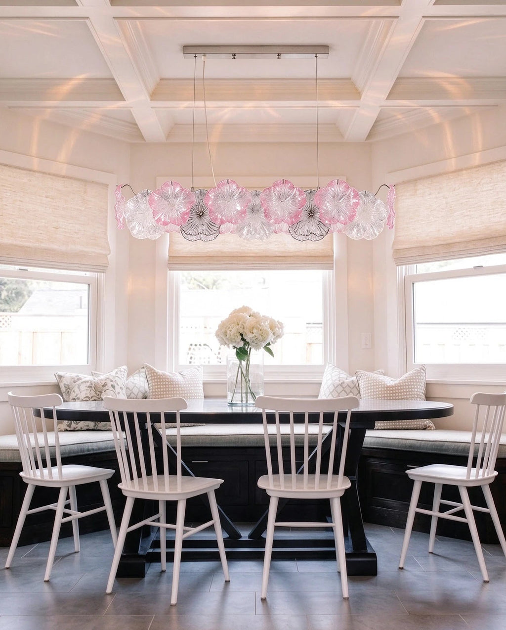 Modern Silver Pink Hydrangea Petal Linear Chandelier in Stylish Dining Nook