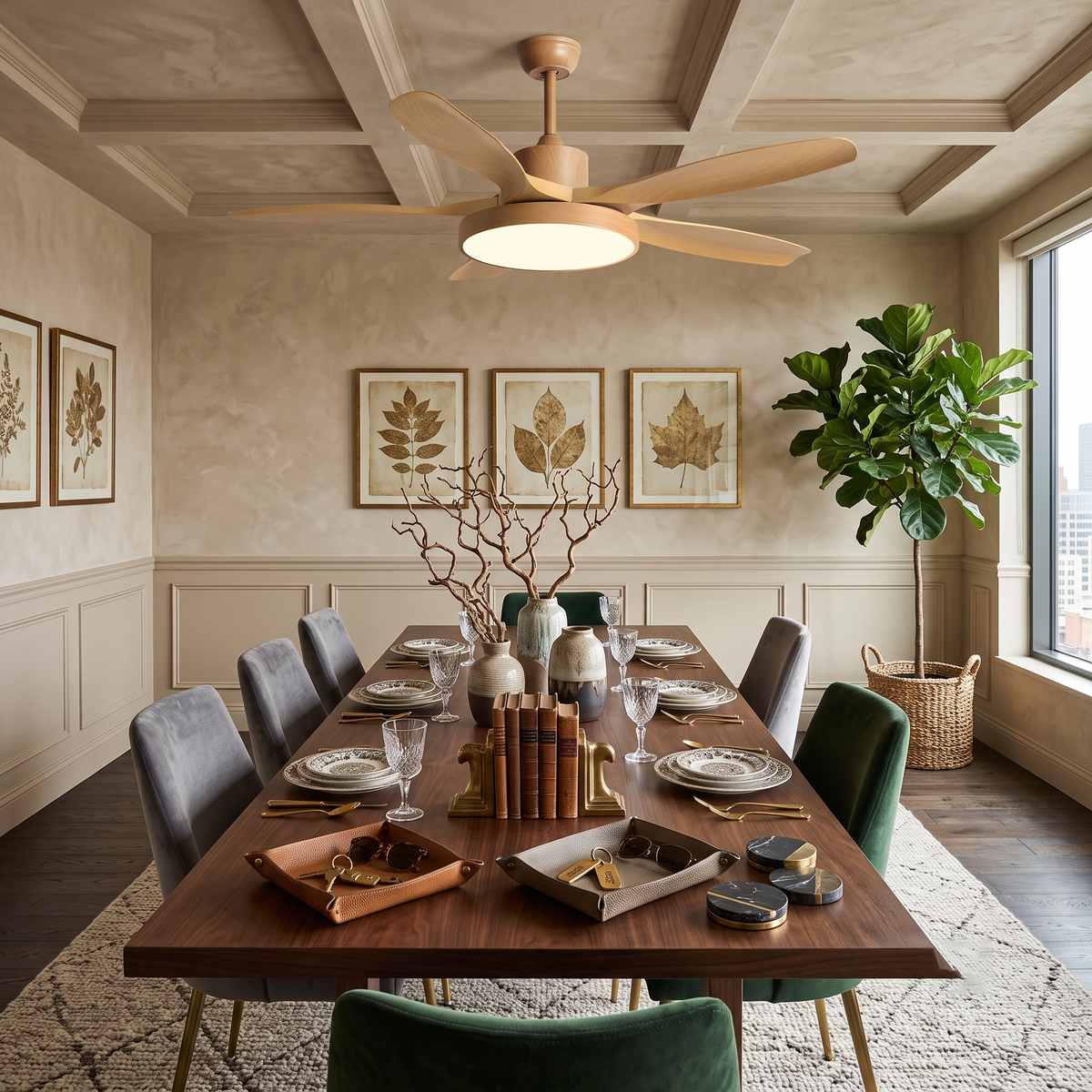 Natural Wood Ceiling Fan over Long Wooden Dining Table